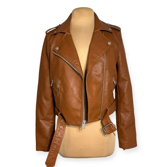 LEVI’S faux leather moto jacket cognac brown Women’s size Small 90’s style CBK - Picture 12 of 17